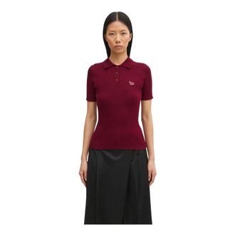 Maison Kitsun&eacute; Tops, Dames, Rood, M, Wol, Baby Fox Fijne Rib Wol Gebreide Poloshirt