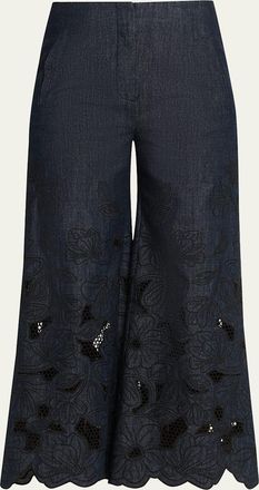 Veronica Beard Osborne Embroidered Chambray Pants
