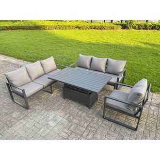 Fimous Aluminum 7-Seater Sofa Dining Set with Lifting Table & Cushions in Dark Grey