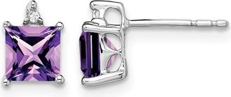 Diamond2Deal 14k White Gold Princess Amethyst and Diamond Earrings