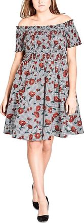 City Chic Cotton Smocked Off-The-Shoulder Dress - Plus In Picnic Floral