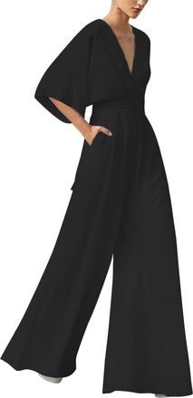 Generic Women Baggy Dungarees Elegant Wide Leg Evening Jumpsuit Long Playsuit Dress Rompers Clubwear Festival Outfit Wedding Guest Outfits 1 Piece Wrap V Neck