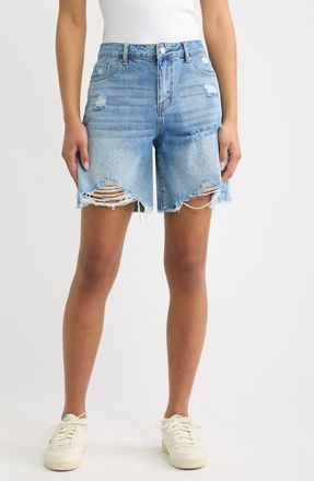 Tractr Distressed High Waist Raw Hem Denim Shorts in Medium Indigo at Nordstrom, Size 27