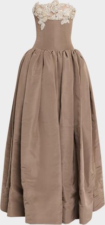 Oscar De La Renta Strapless Shiny Leaves Drop-Waist Ball Gown