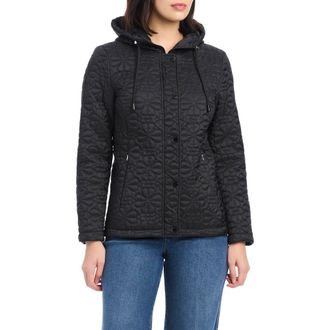 Kate Spade New York water resistant hooded floral quilted short jacket in Black at Nordstrom, Size Medium
