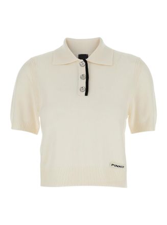 Pinko White Polo Shirt With Logo Patch On The Front And Ribbed Details In Wool Woman