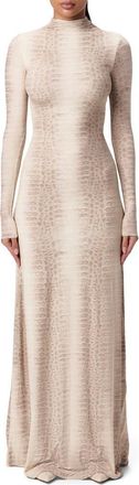 Naked Wardrobe Crocodile Print Funnel Neck Long Sleeve Maxi Dress in Bone Croc at Nordstrom, Size X-Large
