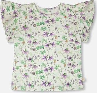 Deux par Deux Jersey Flutter Sleeves Printed Flowers T-Shirt in Green Floral Print at Nordstrom, Size 12M