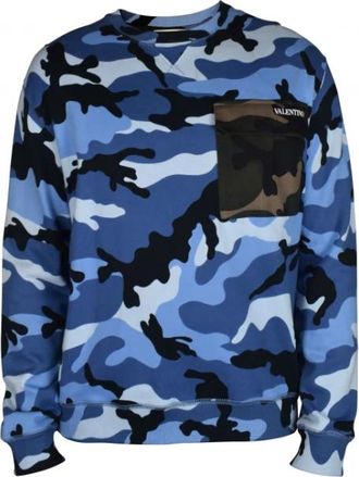 Valentino Garavani Camouflage Pocket Sweater met Ronde Hals - Heren - Sweatshirts - Blauw - S - Katoen - Hoodies & sweatvesten