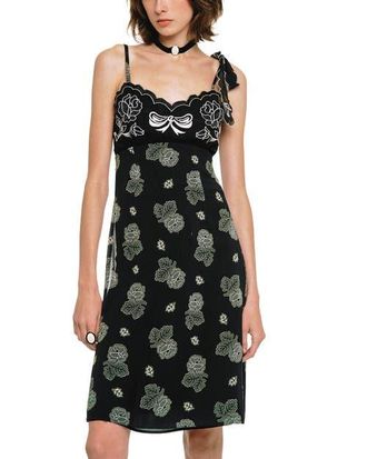 Anna Sui Sketch Roses Chiffon Embroidery Slip Dress in Black at Nordstrom, Size 10