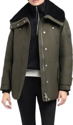 Moose Knuckles Aurora Water Repellent Genuine Shearling Lined 800 Fill Power Down Jacket in Dark Olive W/Black Shearling at Nordstrom, Size Medium