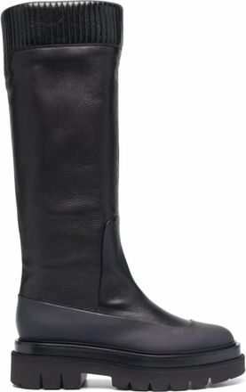 Santoni Geribbelde Leren Kniehoge Laarzen Zwart - Dames - Hoge Laarzen - Zwart - 37 EU - Leer - Schoenen