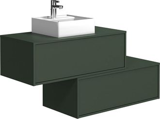 Vente-Unique Mueble de ba&ntilde;o flotante verde mate con lavabo y dos cajones - 94 cm - TEANA II