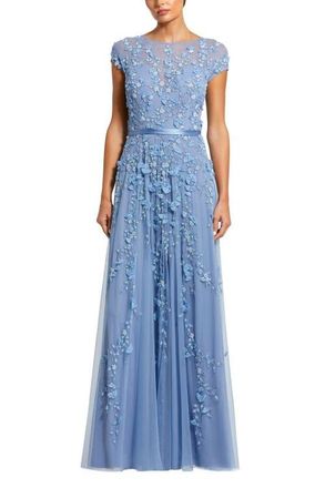 Mac Duggal Floral Embellished Short Sleeve Mesh Gown in Sky Blue at Nordstrom, Size 18
