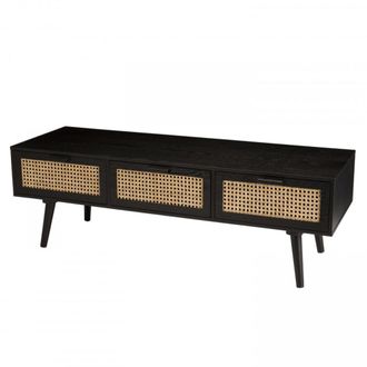 Macabane Mueble TV negro de madera con 3 cajones de rat&aacute;n