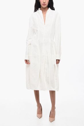 Bottega Veneta Linen-Blend Dress with Ruching and V-Neck Bottega Veneta