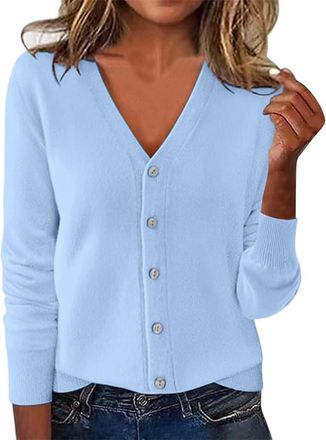Generic Cardigans for Women Long Sleeve Open Front Lightweight Knit Sweaters Button Down V Neck Ribbed Cardigan Ladies Winter Soft Comfy Jumper Outerwear Plus