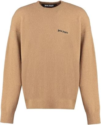 Palm Angels Gebreide Trui met Geborduurd Logo - Heren - Ronde hals truien - Bruin - XL - Truien & Vesten