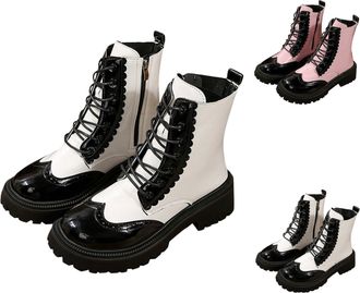 Generic Platform Combat Boots, Colour Block Design, Lace-up Ankle Boots with Chunky Sole, White and Black