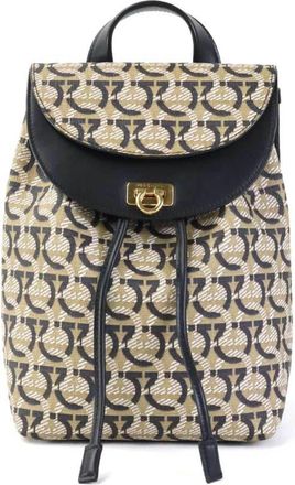 Ferragamo Gancini Beige Black White Pvc Leather Backpack (Pre-Owned)