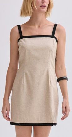Crescent Contrast Trim Linen Blend Mini Dress in Oatmeal/black at Nordstrom, Size X-Small