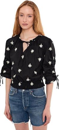 CeCe by Cynthia Steffe Embroidered Ruched Sleeve Smocked Top Womens Clothing Rich Black : XL, Cotton