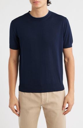 Canali Short Sleeve Cotton Crewneck Sweater in Navy at Nordstrom, Size 38 Us