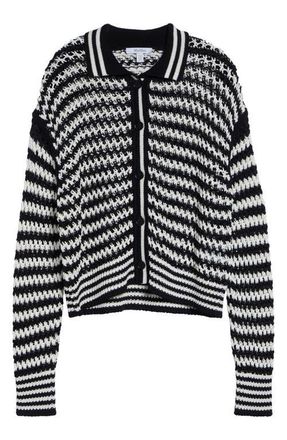 Max Mara Tipped Stripe Cotton Cardigan in White Blue at Nordstrom, Size Medium