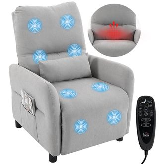 HOMCOM Homcom Sill&oacute;n De Masaje Reclinable Manual, 8 Puntos Masaje, Calor Lumbar, Asiento Con Muelles, Reposapi&eacute;s, Coj&iacute;n Lumbar, Bolsillos, De Rizo, Gris