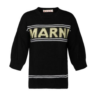 Marni Round-neck Knitwear, female, Black, Size: 3XS Black Logo Sweater with Kimono Sleeves