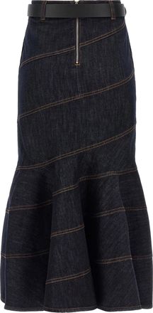 Self Portrait Womens Skirt Midi Belted Denim Blue Main: Cotton