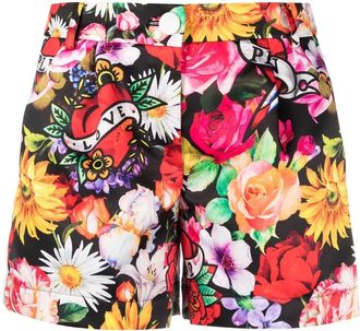 Philipp Plein Love Flowers floral-print shorts - women - Polyester/Polyester/Elastane - M - Black