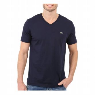 Lacoste Mens Standard Short Sleeve Pima V-Neck Tee In Navy Blue