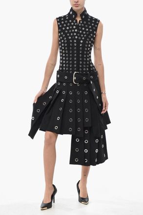Off-white Vestito Smanicato EYELETS in Lana Stretch con Cintura Off-White