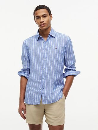 Tommy Hilfiger Mens Regular Fit Striped Linen Shirt - Regal Blue/White Stripe - XXL
