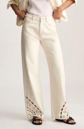 Mavi Malibu Eyelet Embroidererd Wide Leg Jeans in Cream Denim at Nordstrom, Size 24 30