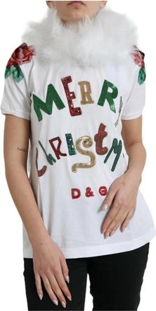 Dolce & Gabbana T-shirt van katoen met pailletten en bont - Dames - T-shirts - Wit - XL - Katoen - Tops