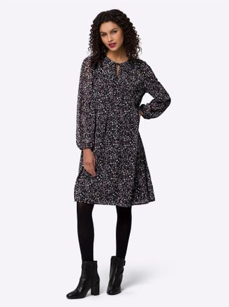 Heine Druckkleid HEINE Druck-Kleid, Damen, Gr. 34, Normalgr&ouml;ssen, lila (schwarz, violett, bedruckt), 100% Polyester, bedruckt, gebl&uuml;mt, gemustert, mehrfarbi