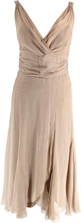 Alberta Ferretti Camel Silk Chiffon Draped Midi Dress Size XS