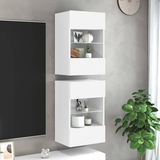 vidaXL Armarios De Pared Con Luces Led Para Tv 2 Uds Blanco 40x30x60,5 Cm Vidaxl