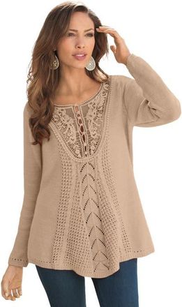 Roaman's Plus Size Lace Yoke Pullover Sweater in New Khaki at Nordstrom, Size Large
