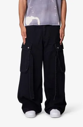 mnml Belt Accent Ultra Baggy Wide Leg Cargo Jeans in Washed Black at Nordstrom, Size 34