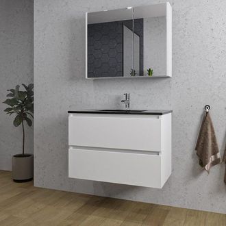 Saniclass Chaci Badkamermeubelset - 80x46x55cm - keramische wastafel zwart - 1 wasbak - 1 kraangat - 2 lades - spiegelkast - mat wit