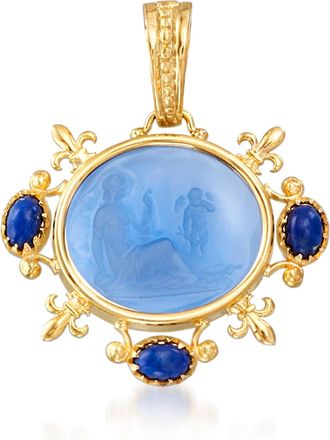 Ross-Simons Italian Tagliamonte Blue Venetian Glass Intaglio and Lapis Pendant in 18kt Gold Over Sterling