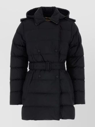 Burberry hooded nylon down coat belted double breasted