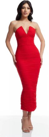 Dress The Population Ferra Bodycon Rouched V Neck Strapless Dress In Rouge