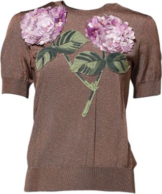 Dolce & Gabbana Brown Lily Embellished Round Neck Blouse Womens Top