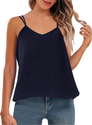 Generic Womens Vest Tops Cotton Linen Spaghetti Strap Camisole V Neck Sleeveless Casual Loose Fit Tank Tops Elegant Ladies Blouses Summer T Shirts(Navy, XXXL)