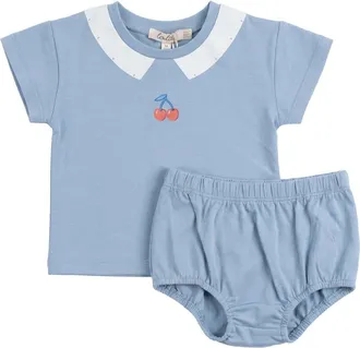 Lola Cherry Print Two Piece Short Sleeve Top and Matching Bloomers Set in Stone Blue at Nordstrom, Size 18M