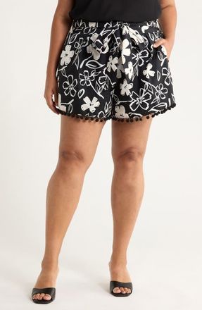 Sugarlips Kianza Floral Zaferia Pompom Cotton Shorts in Black-White at Nordstrom, Size 2X